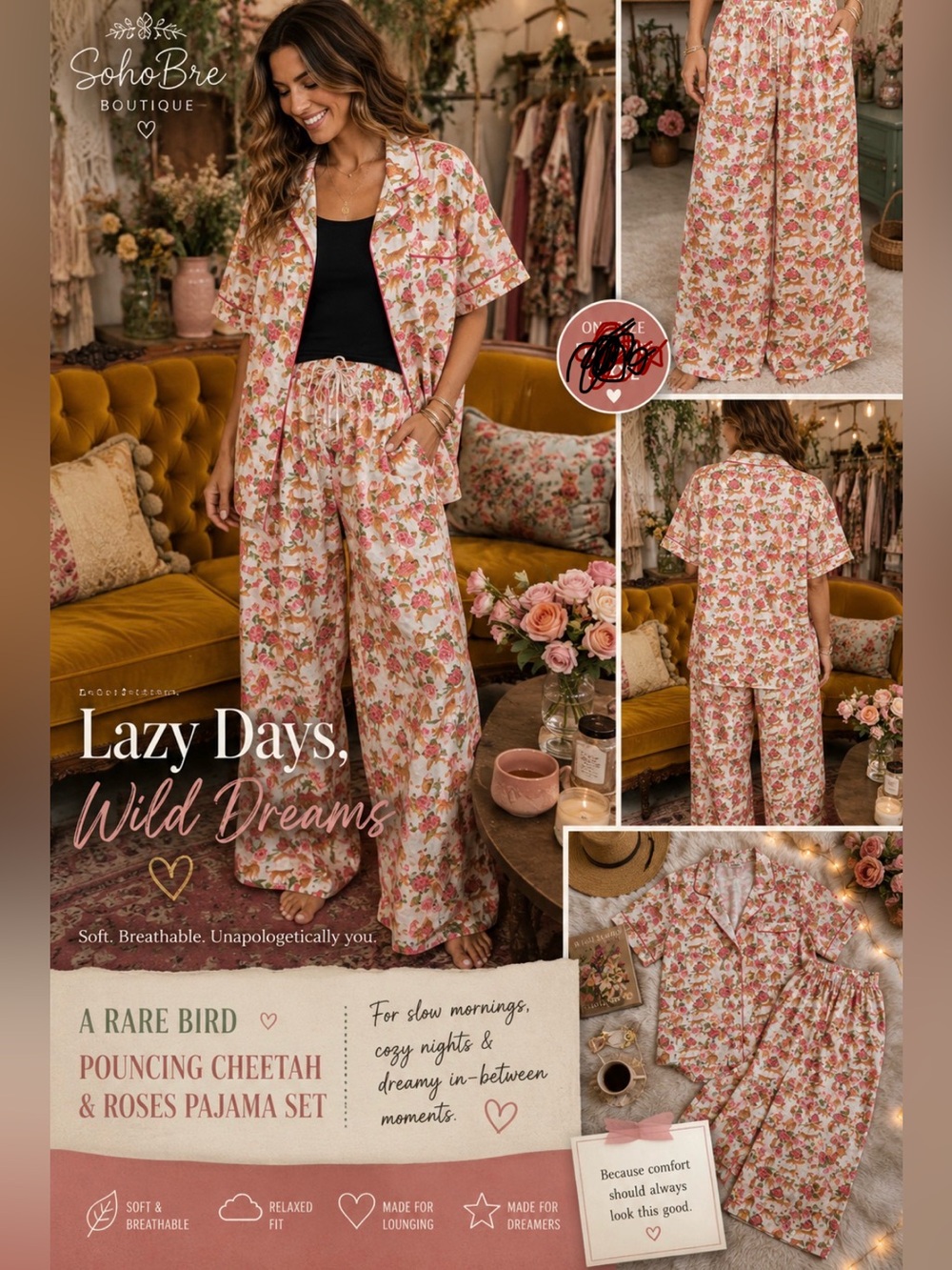 A RARE BIRD - POUNCING CHEETAH & ROSES
PAJAMA SET